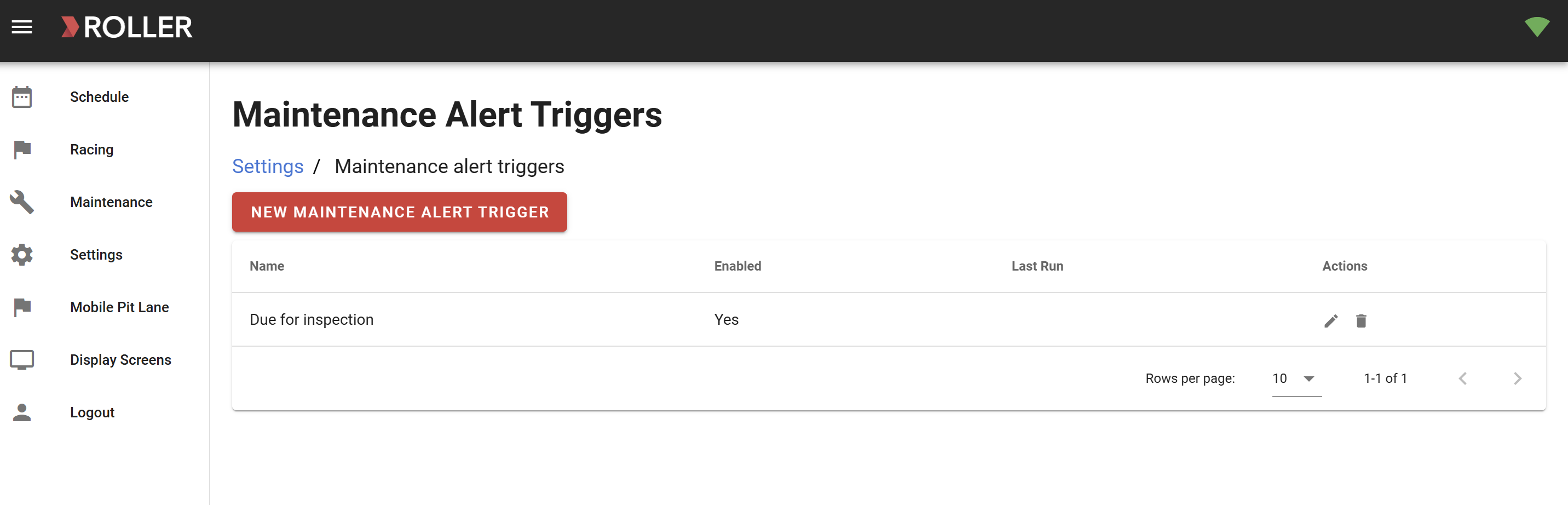 Maintenance alert triggers section showing inspection status and action options.
